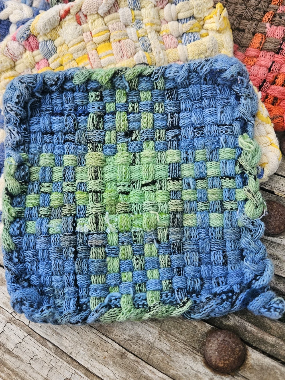 Colorful Handmade Woven Potholders and Hot Pads Made from Cotton Jersey Loops